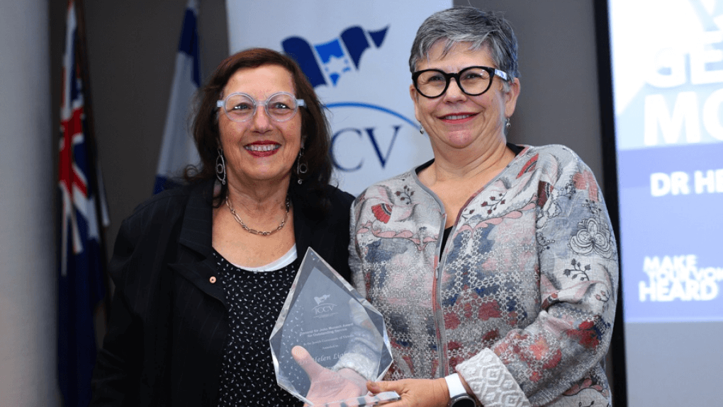 JCCV President Jennifer Huppert (2014–2020) with Helen Light AM, recipient of the 2019 General Sir John Monash Award.