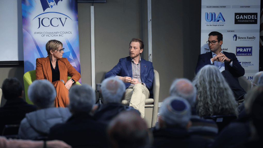 The JCCV regularly hosts community forums, including this one after the 2022 Federal Election featuring Zoe Daniel MP (left), Senator James Paterson (centre) and Josh Burns MP (right).